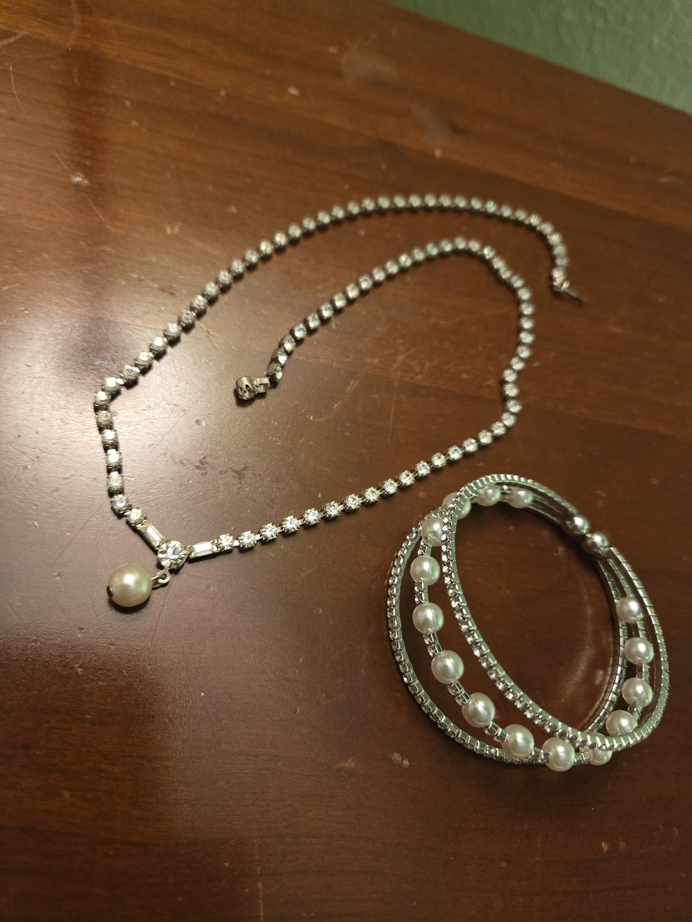 Silver Pearl Drop Necklace with Matching Pearl-Accent Bangle Set